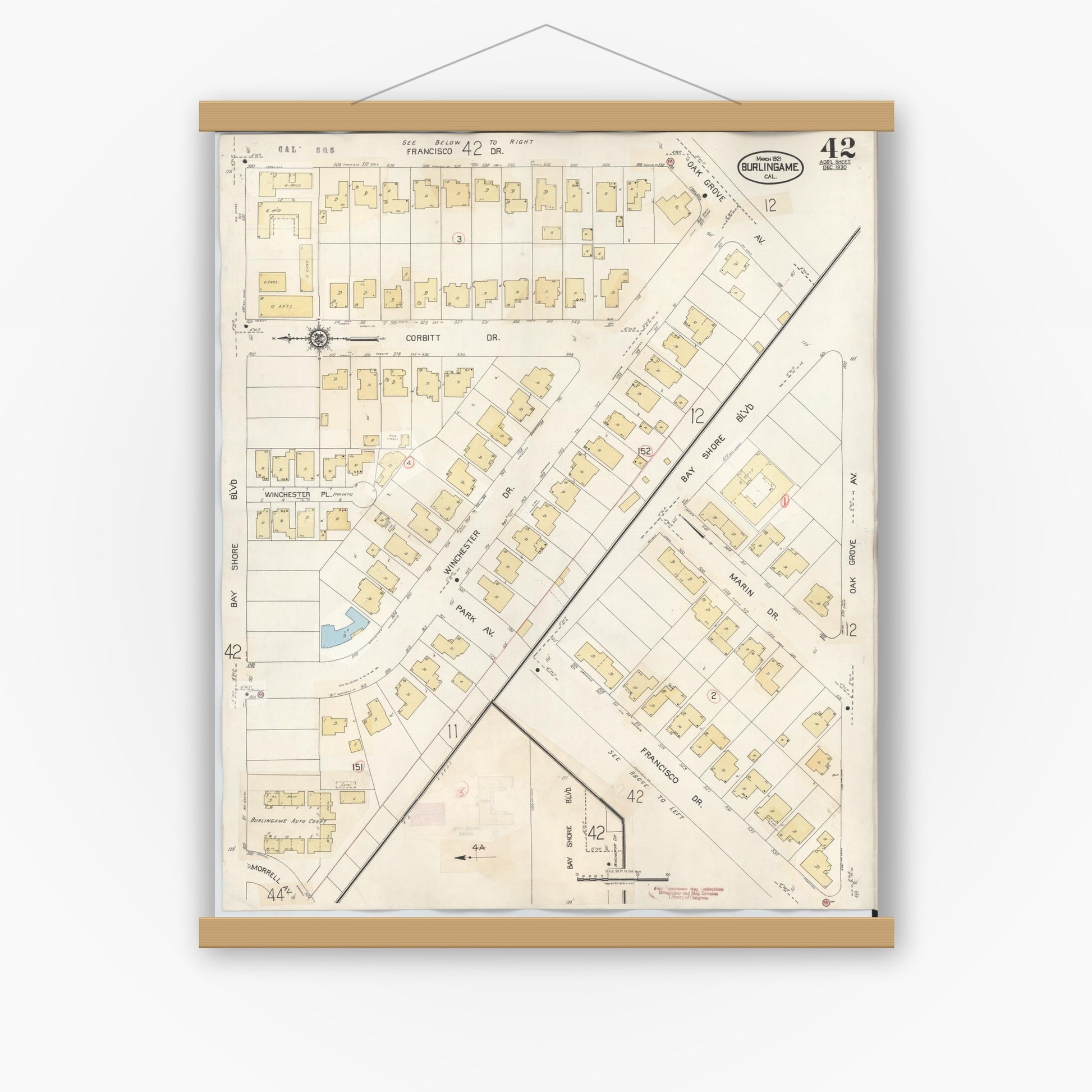Old map wall art mockup — magnetic wood frame on white wall — Sanborn Fire Insurance Map from Burlingame, San Mateo County, California (1949), Sheet #0042