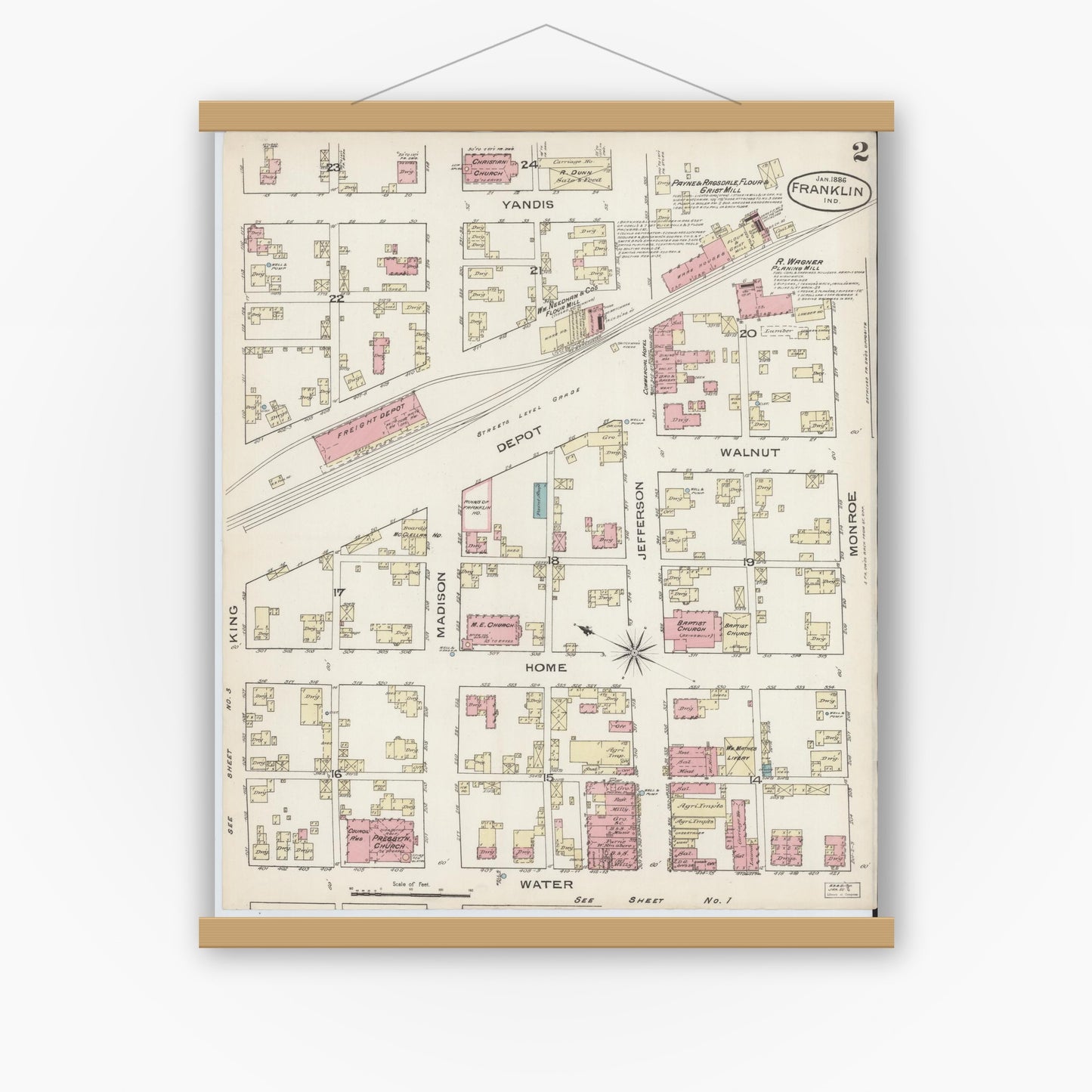 Old map wall art mockup — magnetic wood frame on white wall — Sanborn Fire Insurance Map from Franklin, Johnson County, Indiana (1886), Sheet #0002