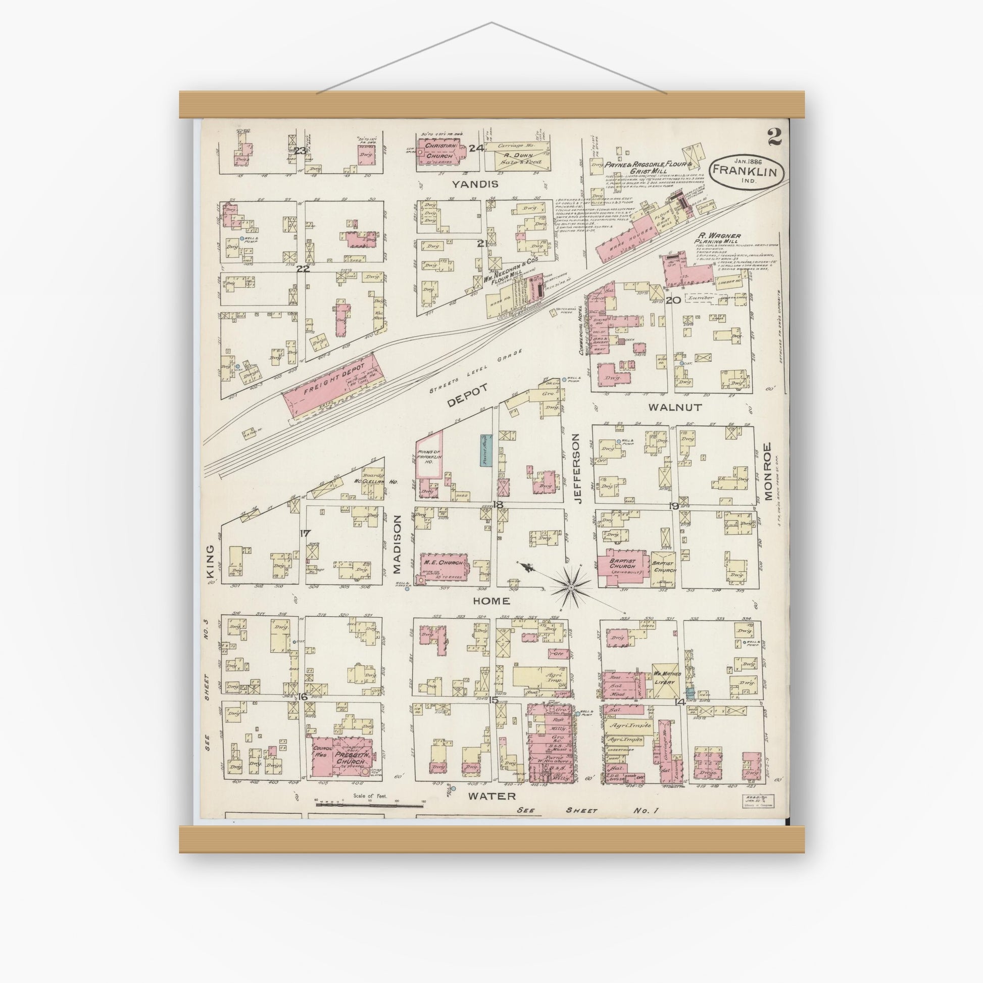 Old map wall art mockup — magnetic wood frame on white wall — Sanborn Fire Insurance Map from Franklin, Johnson County, Indiana (1886), Sheet #0002