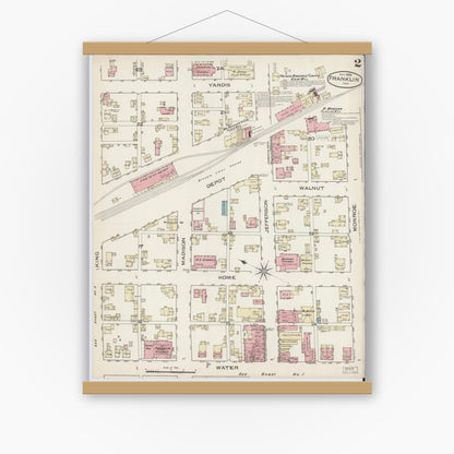 Old map wall art mockup — magnetic wood frame on white wall — Sanborn Fire Insurance Map from Franklin, Johnson County, Indiana (1886), Sheet #0002