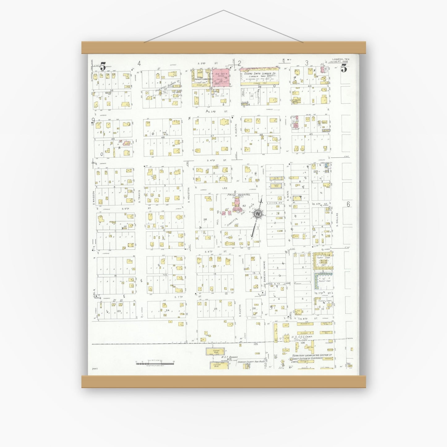 Old map wall art mockup — magnetic wood frame on white wall — Sanborn Fire Insurance Map from Lamesa, Dawson County, Texas (1939), Sheet #0005