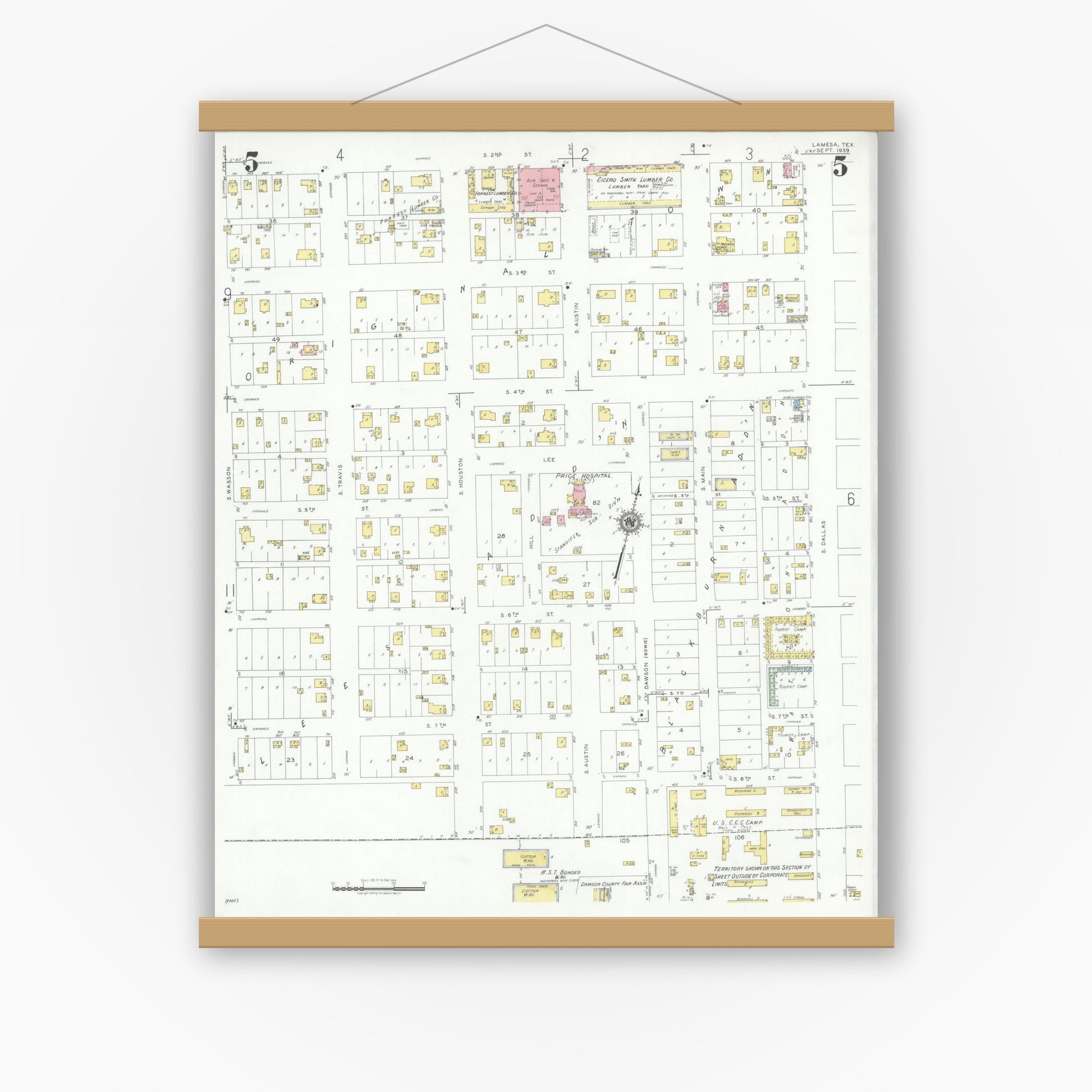 Old map wall art mockup — magnetic wood frame on white wall — Sanborn Fire Insurance Map from Lamesa, Dawson County, Texas (1939), Sheet #0005