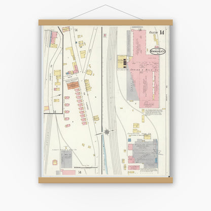 Old map wall art mockup — magnetic wood frame on white wall — Sanborn Fire Insurance Map from Monongahela City, Washington County, Pennsylvania (1918), Sheet #0014