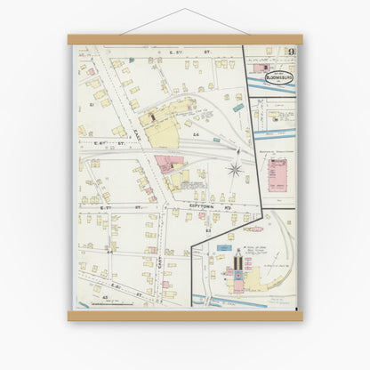 Old map wall art mockup — magnetic wood frame on white wall — Sanborn Fire Insurance Map from Bloomsburg, Columbia County, Pennsylvania (1891), Sheet #0009