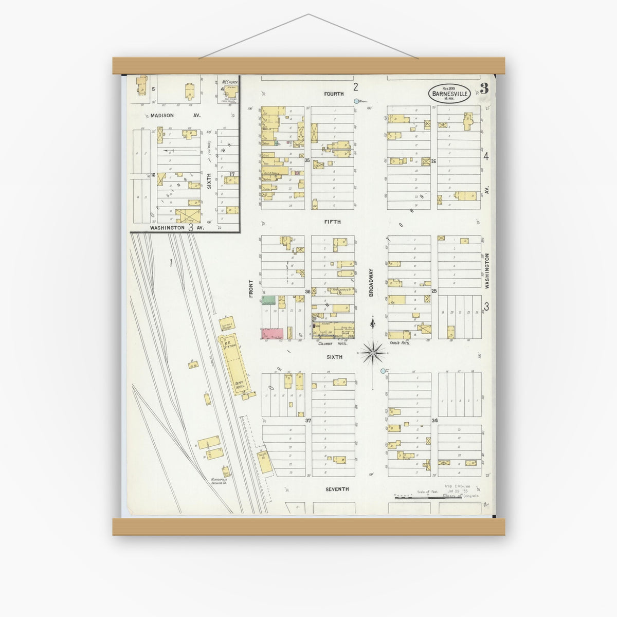 Old map wall art mockup — magnetic wood frame on white wall — Sanborn Fire Insurance Map from Barnesville, Clay County, Minnesota (1899), Sheet #0003