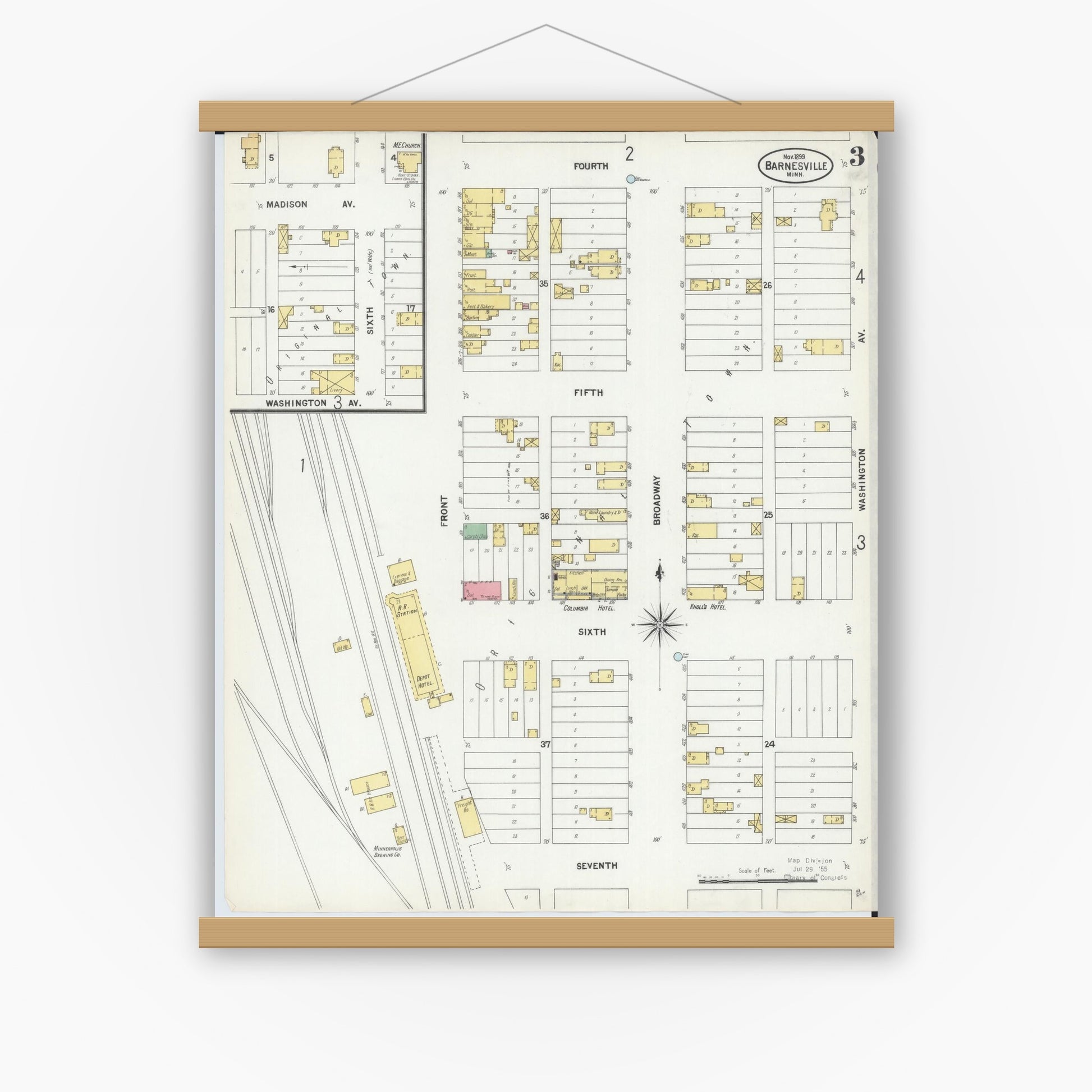 Old map wall art mockup — magnetic wood frame on white wall — Sanborn Fire Insurance Map from Barnesville, Clay County, Minnesota (1899), Sheet #0003