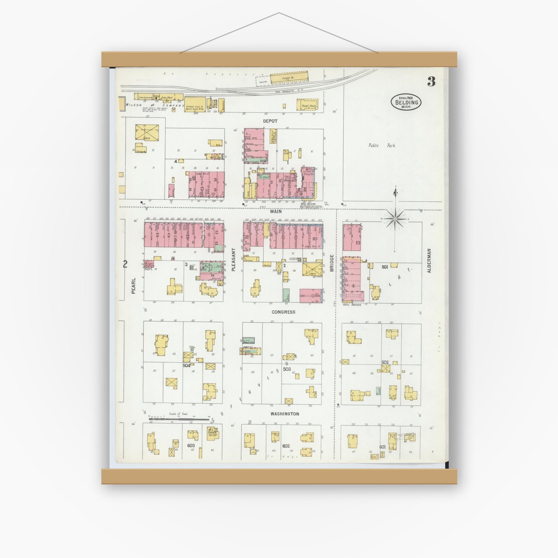 Old map wall art mockup — magnetic wood frame on white wall — Sanborn Fire Insurance Map from Belding, Ionia County, Michigan (1900), Sheet #0003
