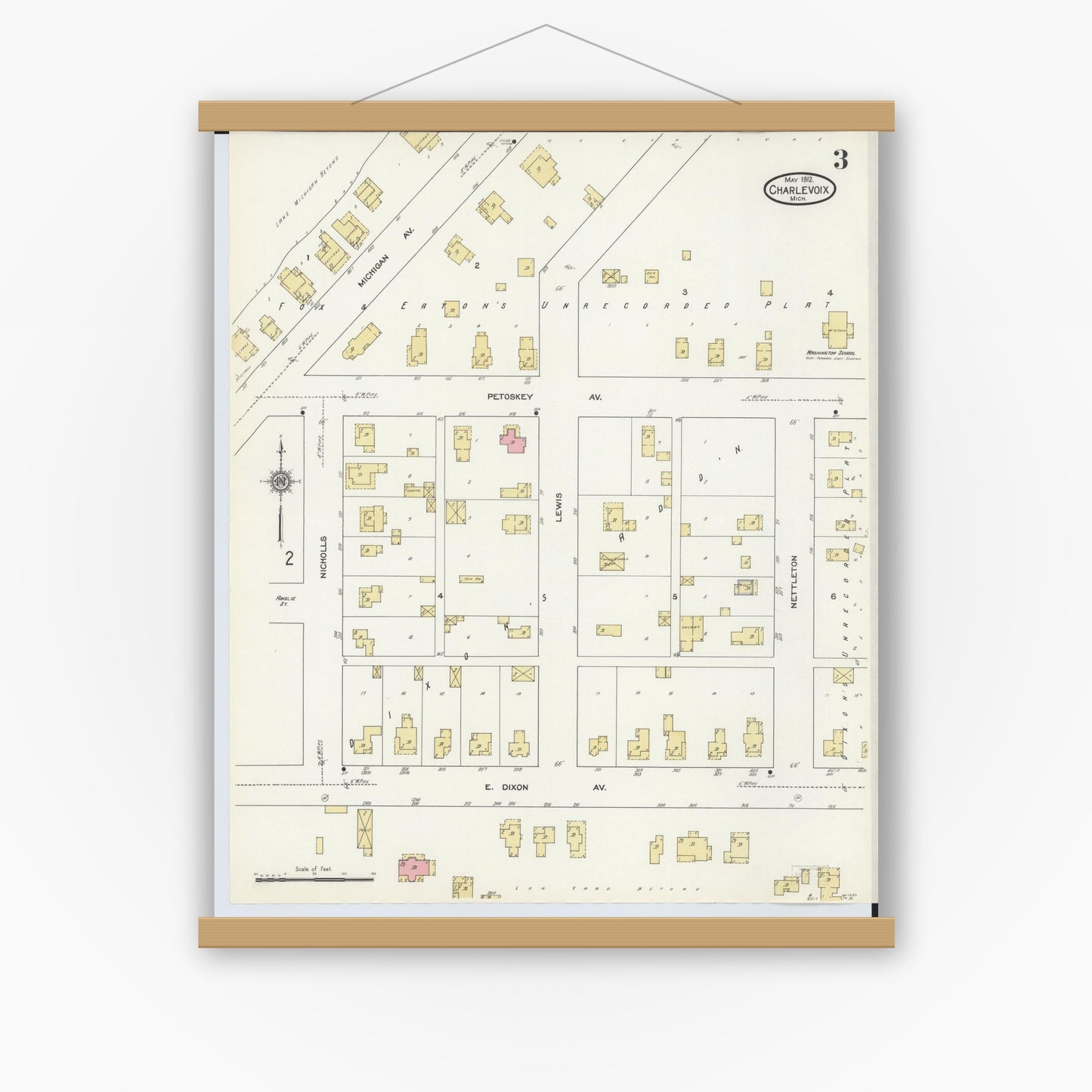 Old map wall art mockup — magnetic wood frame on white wall — Sanborn Fire Insurance Map from Charlevoix, Charlevoix County, Michigan (1912), Sheet #0003