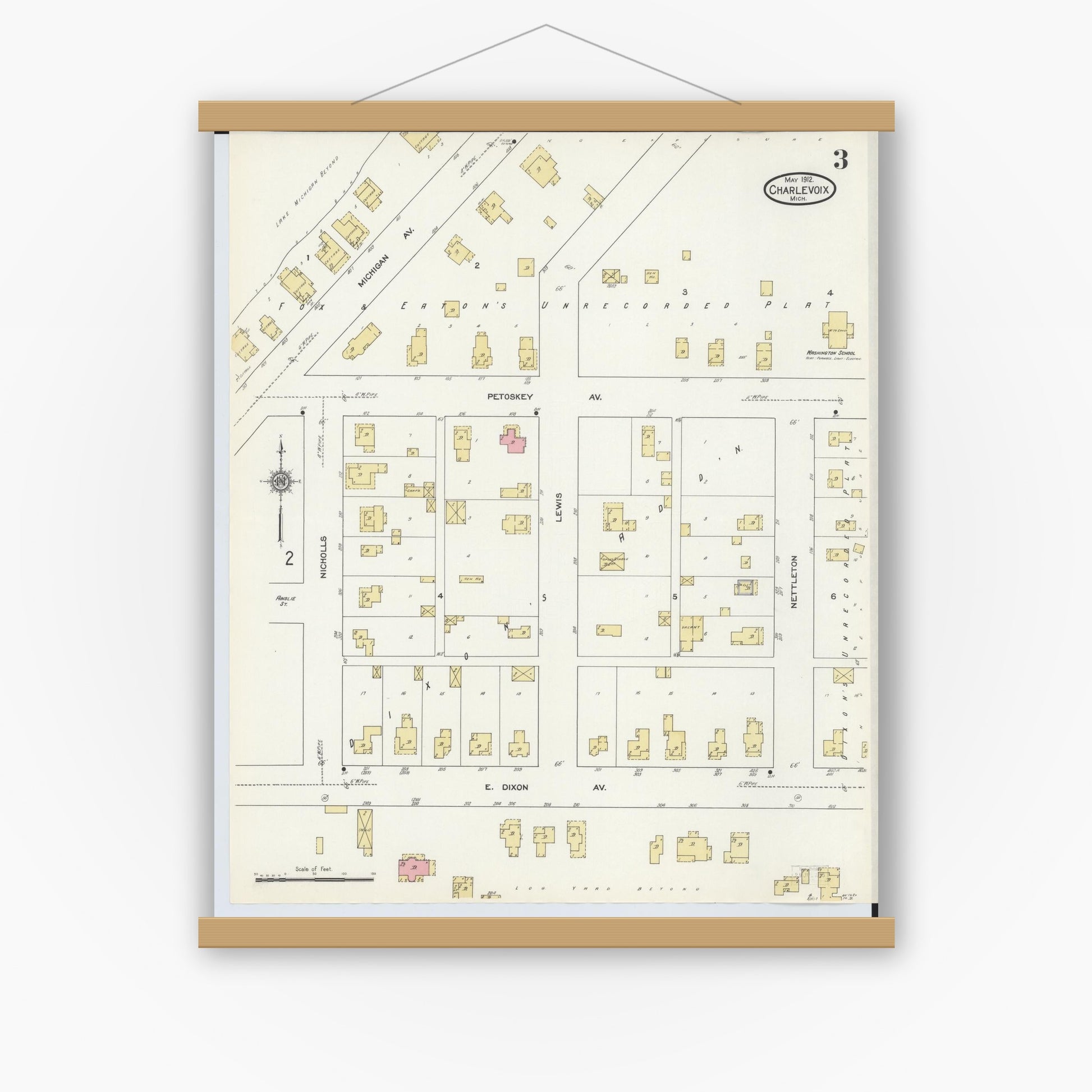 Old map wall art mockup — magnetic wood frame on white wall — Sanborn Fire Insurance Map from Charlevoix, Charlevoix County, Michigan (1912), Sheet #0003