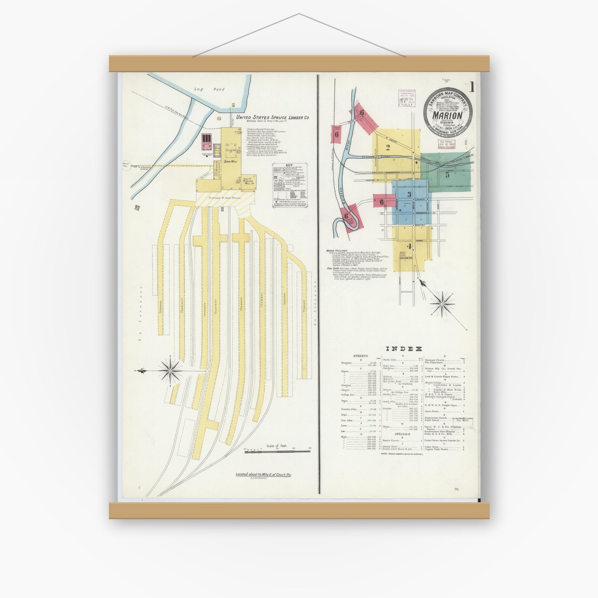 Old map wall art mockup — magnetic wood frame on white wall — Sanborn Fire Insurance Map from Marion, Smyth County, Virginia (1908) - Complete Map Set