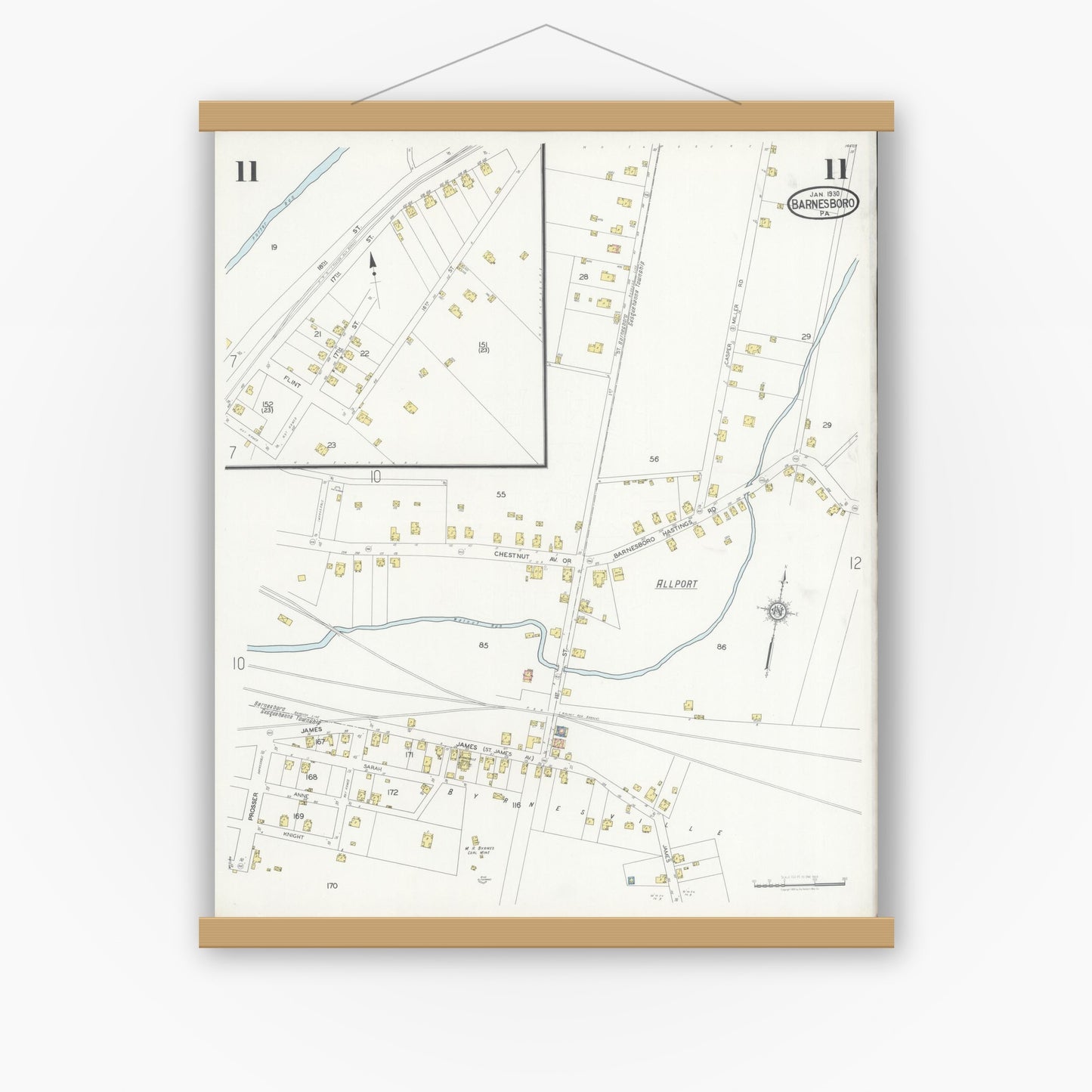 Old map wall art mockup — magnetic wood frame on white wall — Sanborn Fire Insurance Map from Barnesboro, Cambria County, Pennsylvania (1930), Sheet #0011