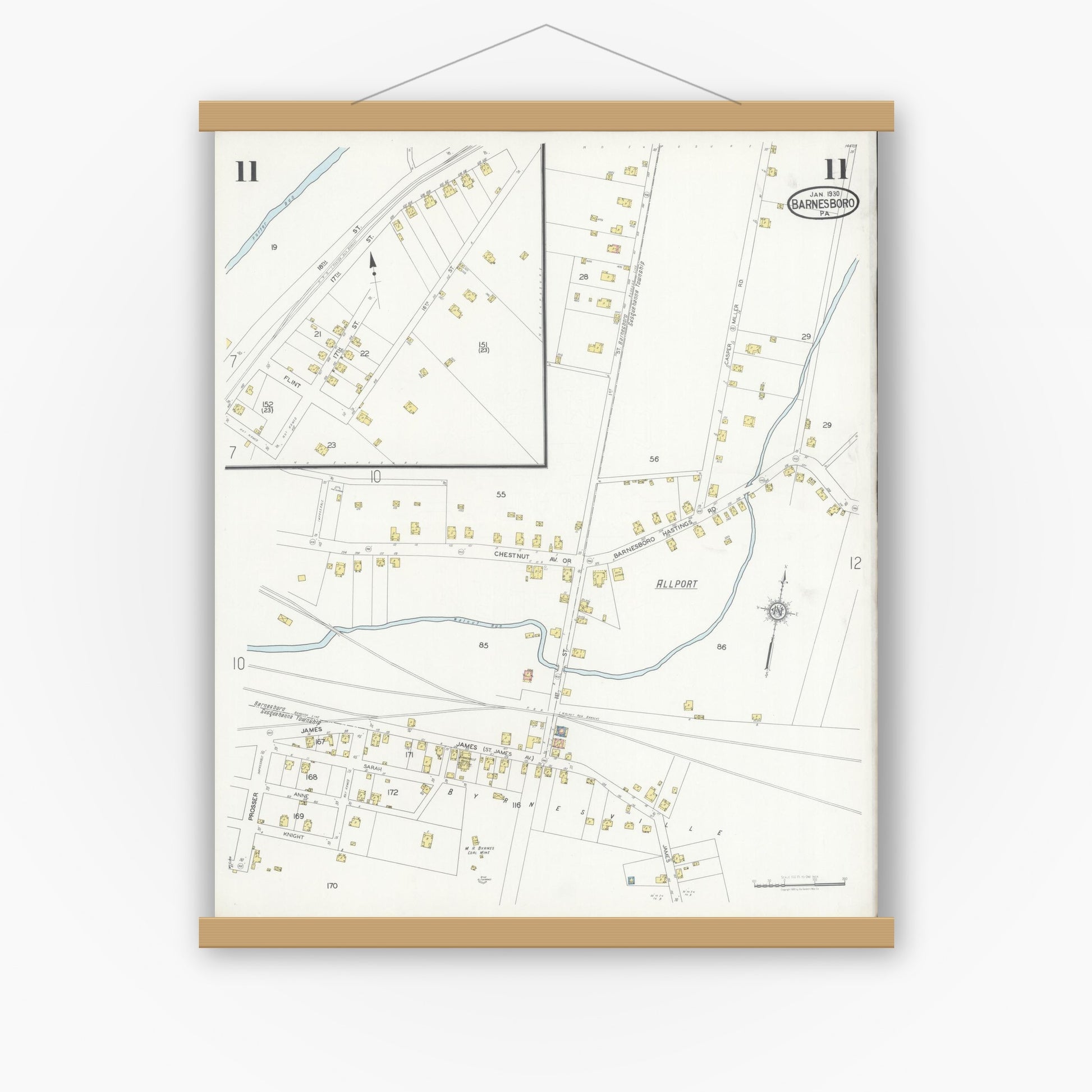 Old map wall art mockup — magnetic wood frame on white wall — Sanborn Fire Insurance Map from Barnesboro, Cambria County, Pennsylvania (1930), Sheet #0011