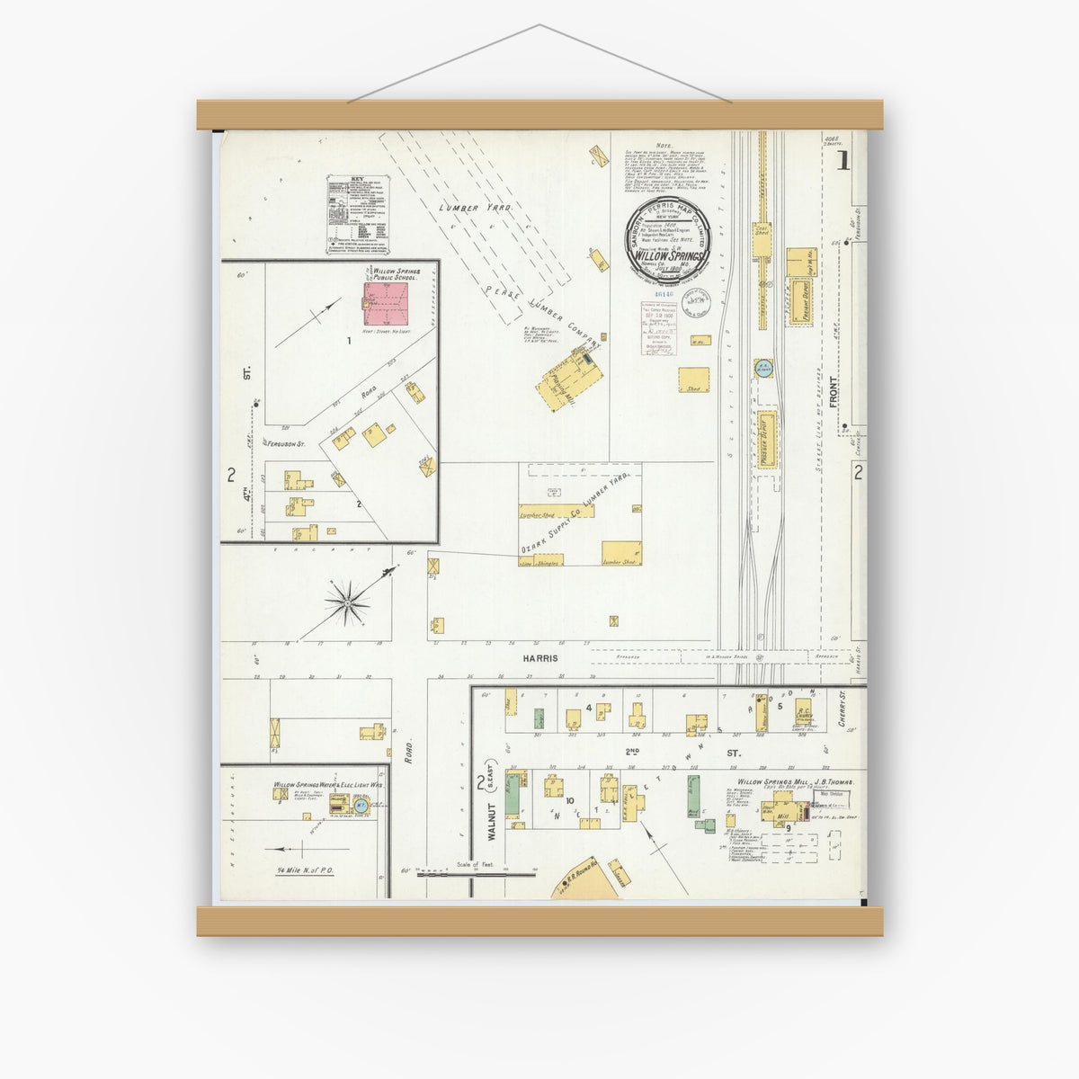 Old map wall art mockup — magnetic wood frame on white wall — Sanborn Fire Insurance Map from Willow Springs, Howell County, Missouri (1900), Sheet #0001