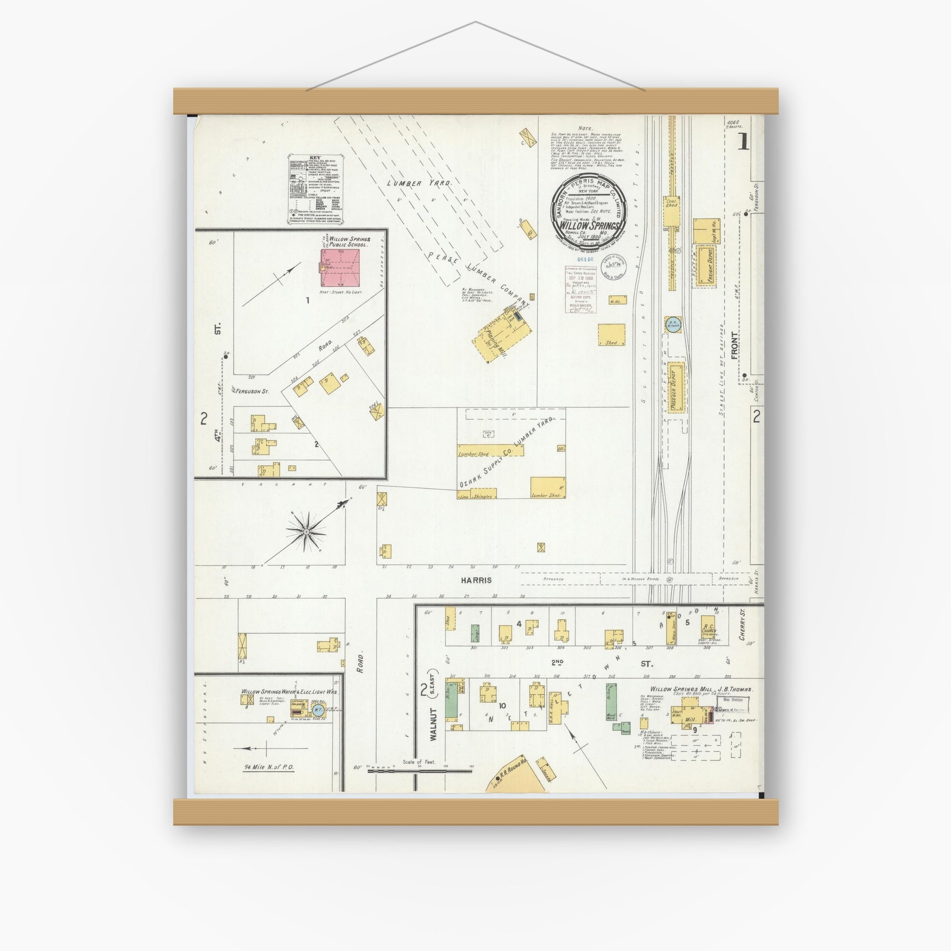 Old map wall art mockup — magnetic wood frame on white wall — Sanborn Fire Insurance Map from Willow Springs, Howell County, Missouri (1900), Sheet #0001