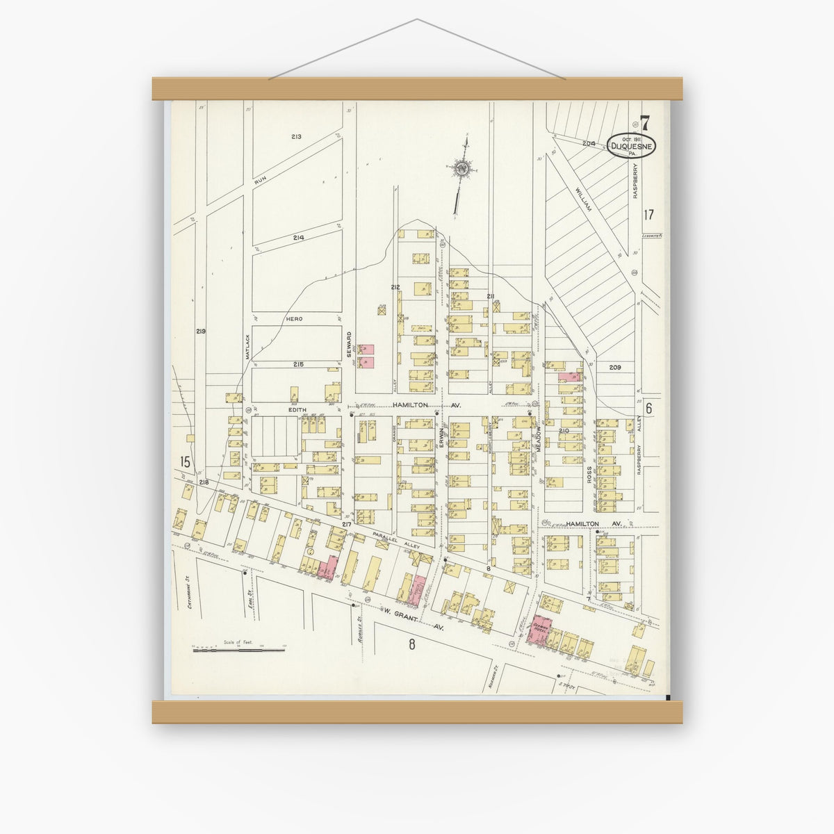 Old map wall art mockup — magnetic wood frame on white wall — Sanborn Fire Insurance Map from Duquesne, Allegheny County, Pennsylvania (1911), Sheet #0007