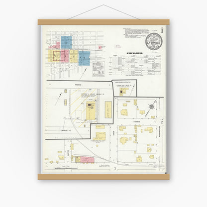 Old map wall art mockup — magnetic wood frame on white wall — Sanborn Fire Insurance Map from La Grange, Fayette County, Texas (1912), Sheet #0001