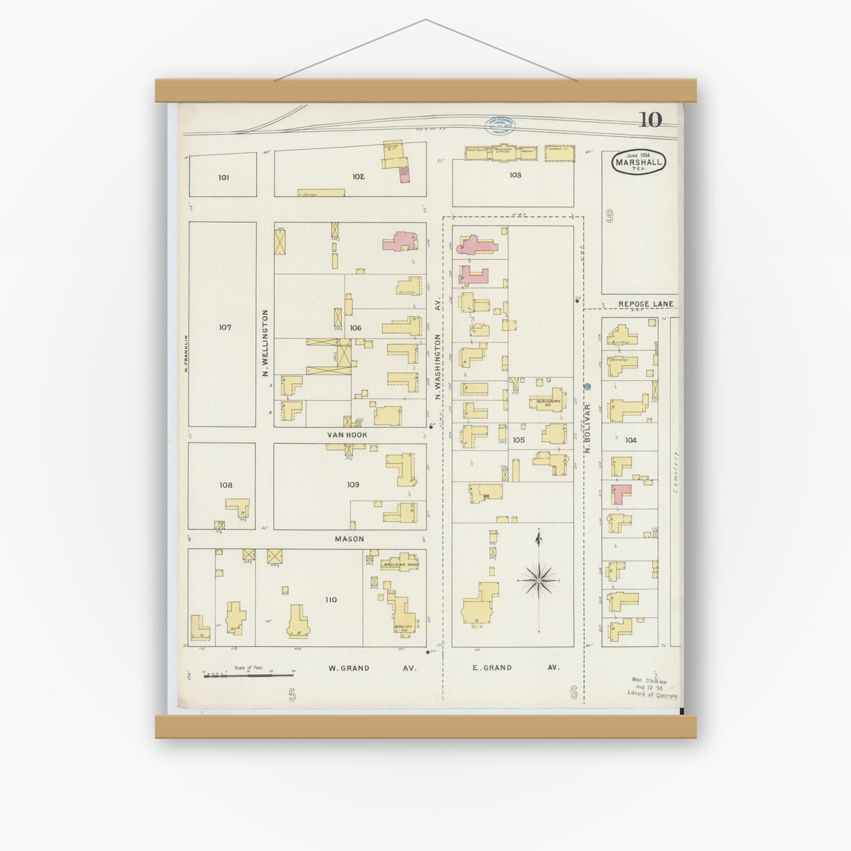 Old map wall art mockup — magnetic wood frame on white wall — Sanborn Fire Insurance Map from Marshall, Harrison County, Texas (1894), Sheet #0010