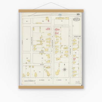 Old map wall art mockup — magnetic wood frame on white wall — Sanborn Fire Insurance Map from Marshall, Harrison County, Texas (1894), Sheet #0010