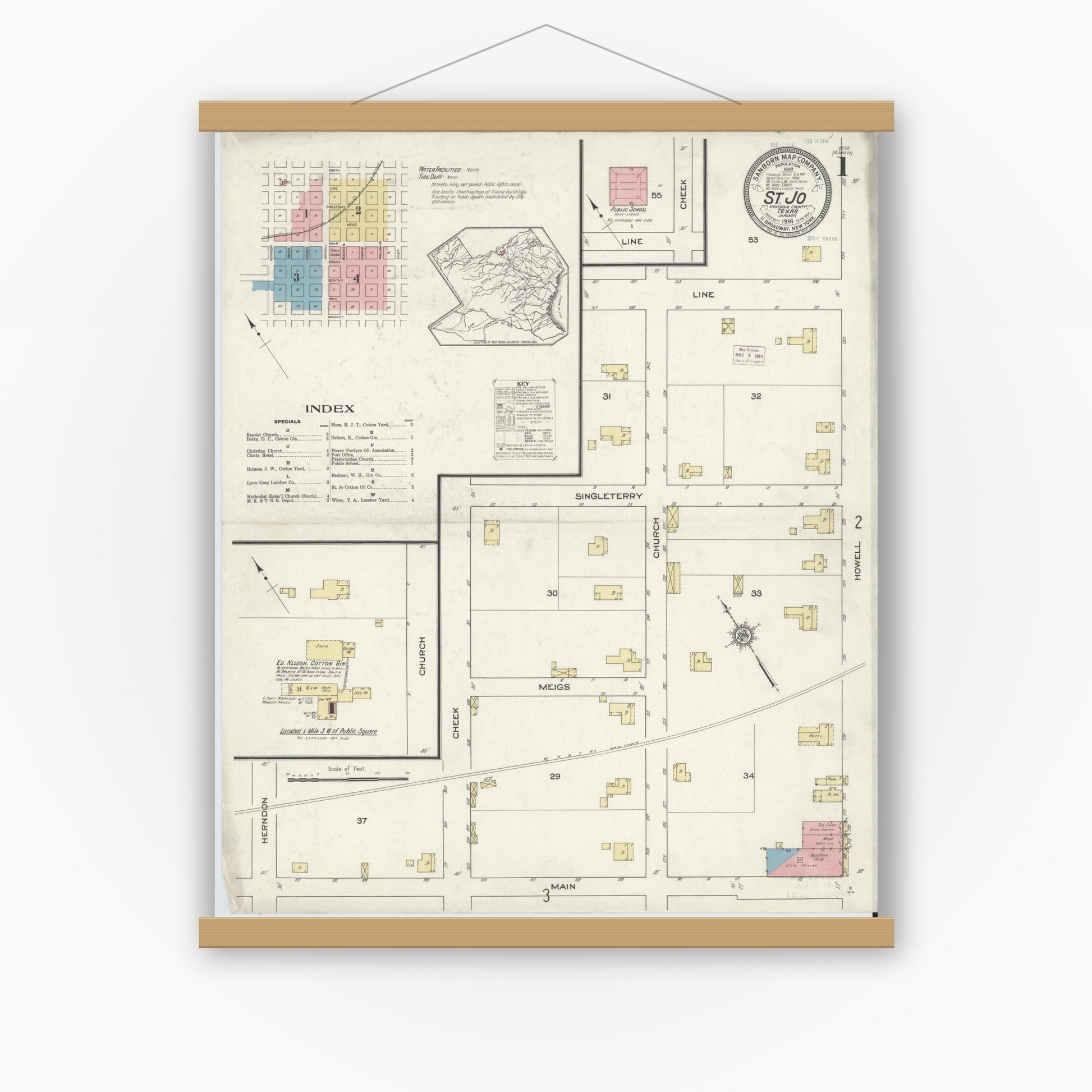 Old map wall art mockup — magnetic wood frame on white wall — Sanborn Fire Insurance Map from Saint Jo, Montague County, Texas (1914) - Complete Map Set