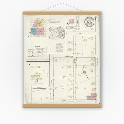 Old map wall art mockup — magnetic wood frame on white wall — Sanborn Fire Insurance Map from Saint Jo, Montague County, Texas (1914) - Complete Map Set