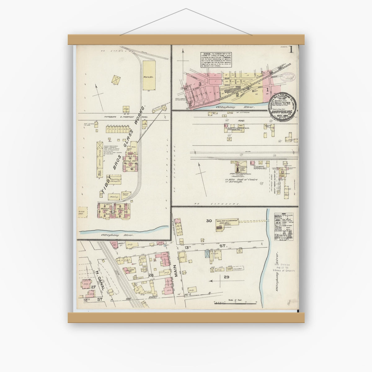 Old map wall art mockup — magnetic wood frame on white wall — Sanborn Fire Insurance Map from Sharpsburg, Allegheny County, Pennsylvania (1884) - Complete Map Set