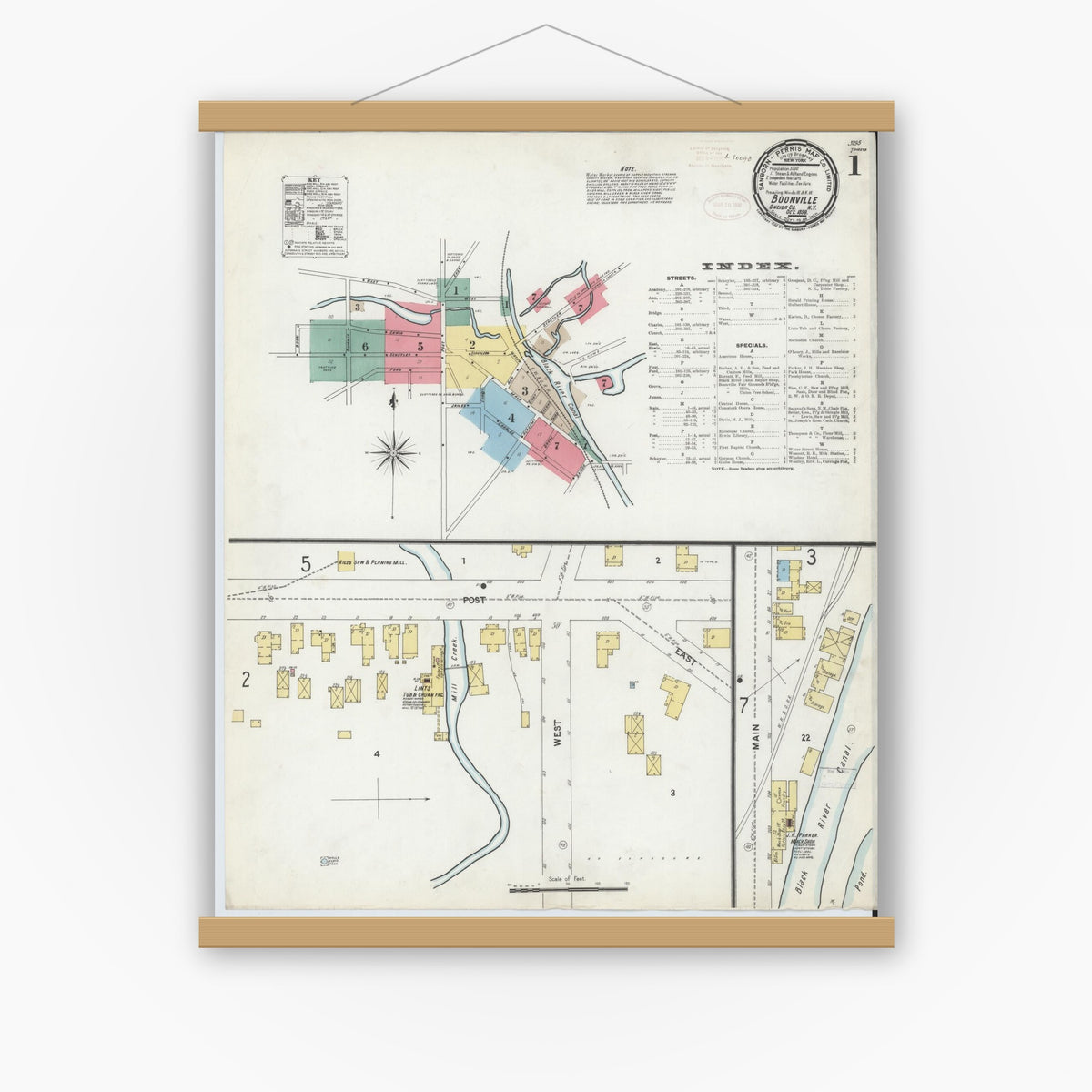 Old map wall art mockup — magnetic wood frame on white wall — Sanborn Fire Insurance Map from Boonville, Oneida County, New York (1899) - Complete Map Set
