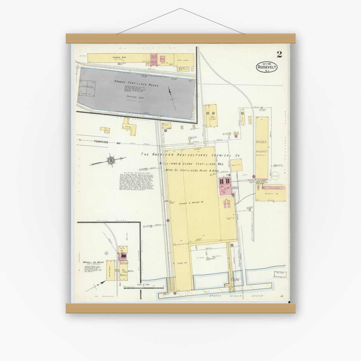 Old map wall art mockup — magnetic wood frame on white wall — Sanborn Fire Insurance Map from Roosevelt, Middlesex County, New Jersey (1912), Sheet #0002