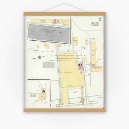 Old map wall art mockup — magnetic wood frame on white wall — Sanborn Fire Insurance Map from Roosevelt, Middlesex County, New Jersey (1912), Sheet #0002