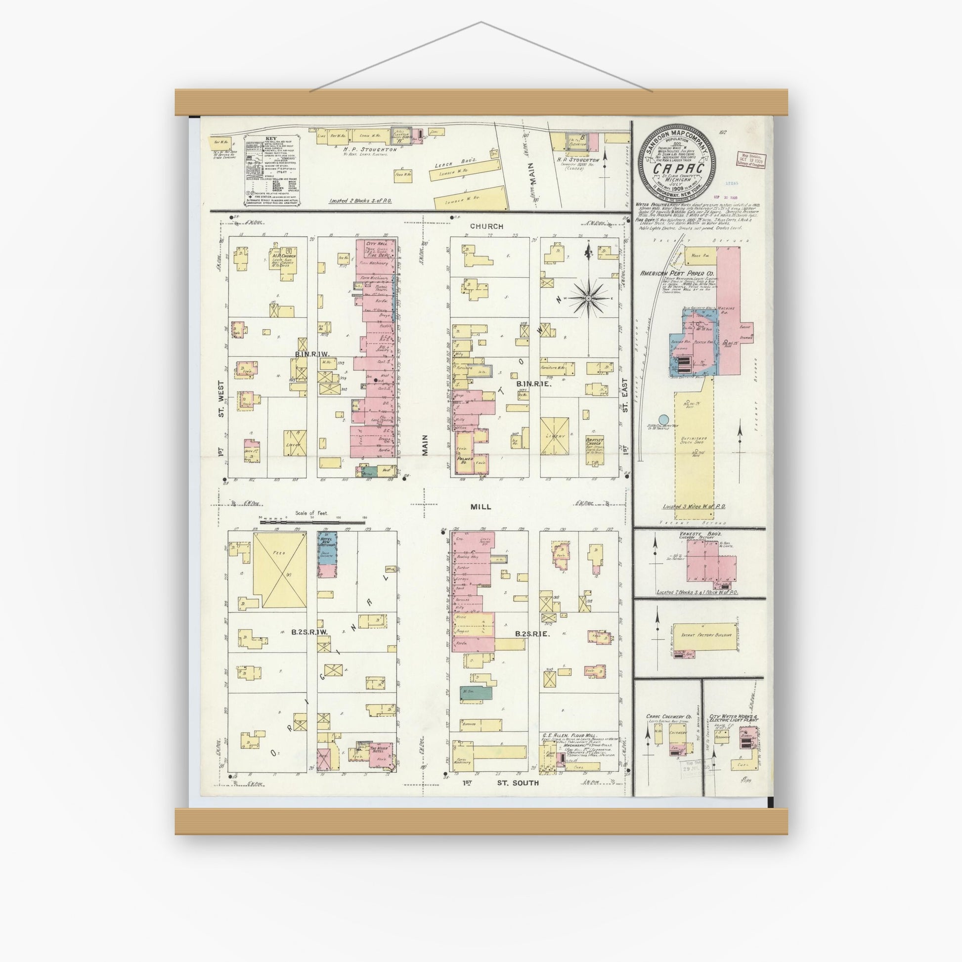 Old map wall art mockup — magnetic wood frame on white wall — Sanborn Fire Insurance Map from Capac, Saint Clair County, Michigan (1909), Sheet #0001