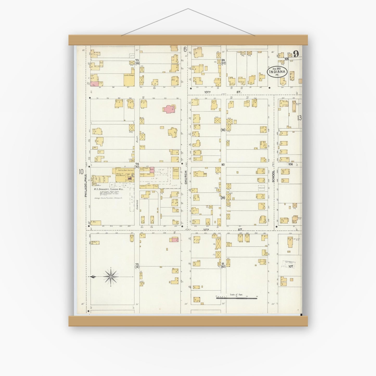 Old map wall art mockup — magnetic wood frame on white wall — Sanborn Fire Insurance Map from Indiana, Indiana County, Pennsylvania (1903), Sheet #0009