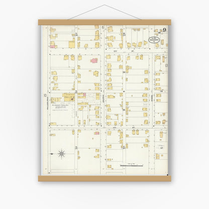 Old map wall art mockup — magnetic wood frame on white wall — Sanborn Fire Insurance Map from Indiana, Indiana County, Pennsylvania (1903), Sheet #0009