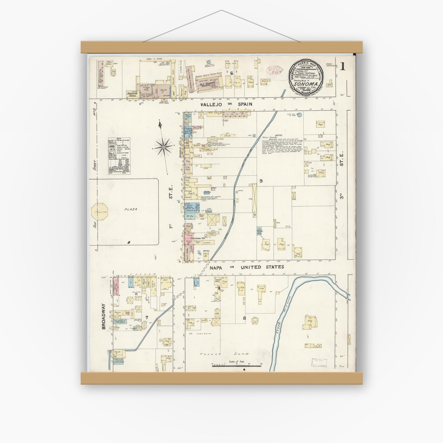 Old map wall art mockup — magnetic wood frame on white wall — Sanborn Fire Insurance Map from Sonoma, Sonoma County, California (1891) - Complete Map Set