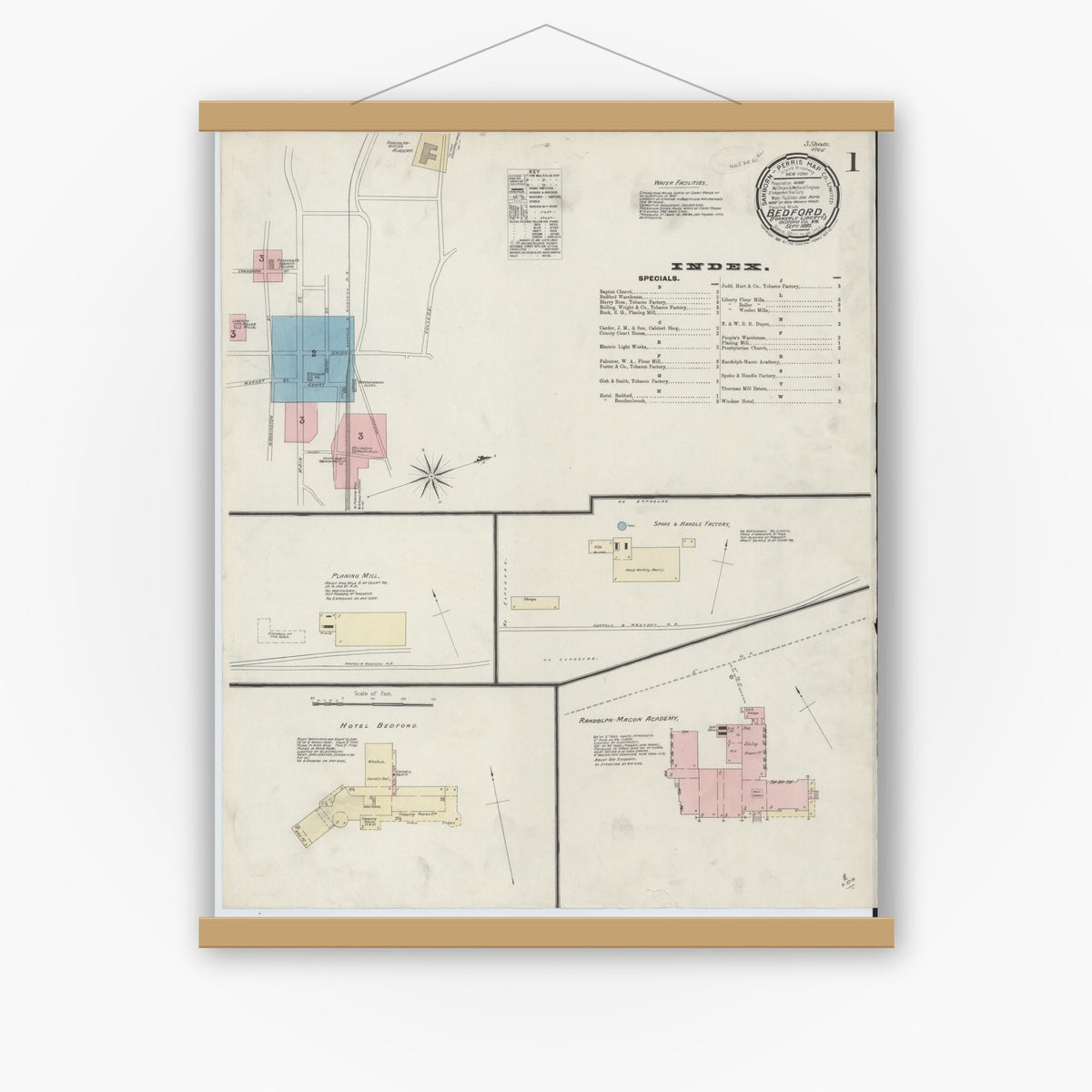 Old map wall art mockup — magnetic wood frame on white wall — Sanborn Fire Insurance Map from Bedford, Independent Cities, Virginia (1891) - Complete Map Set