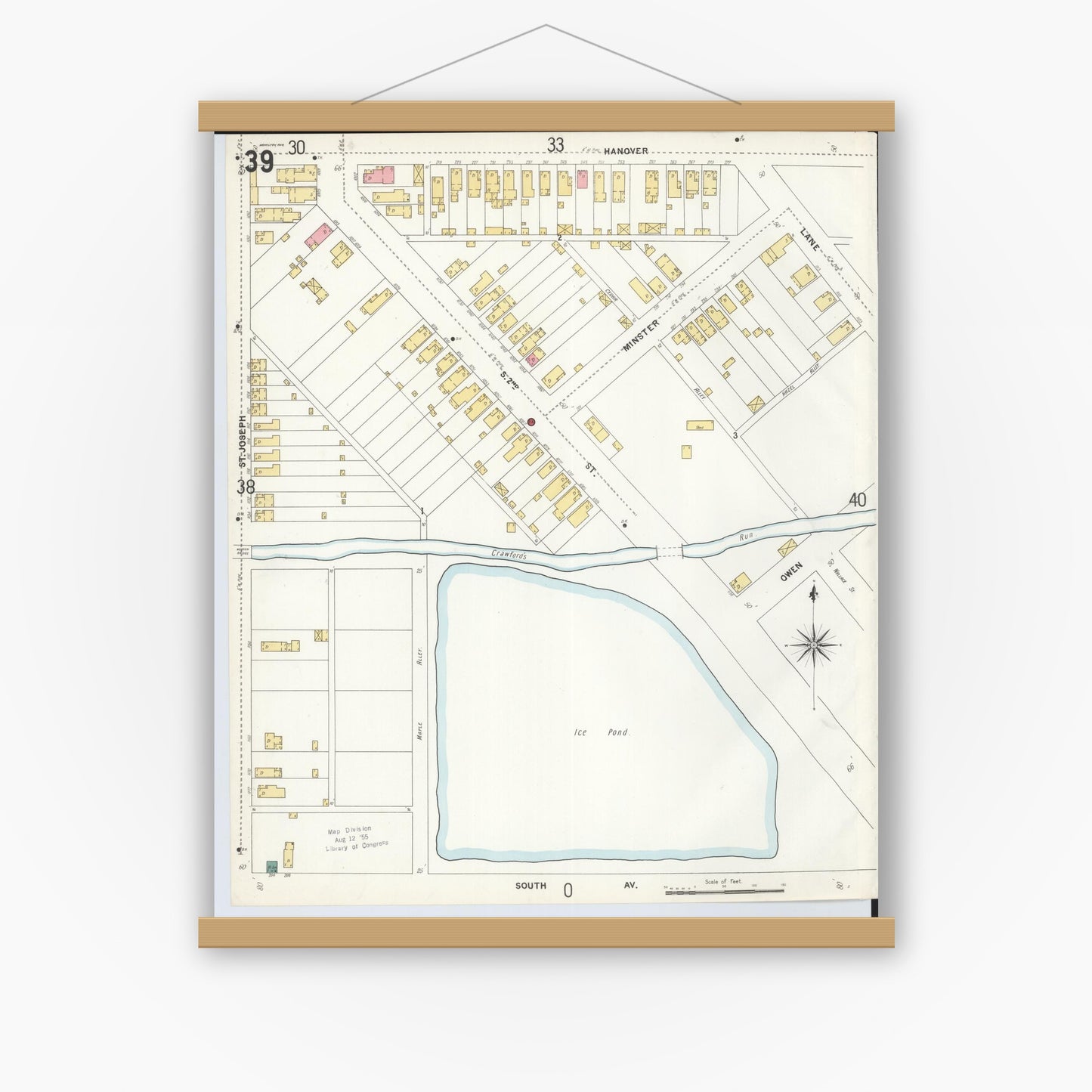 Old map wall art mockup — magnetic wood frame on white wall — Sanborn Fire Insurance Map from Hamilton, Butler County, Ohio (1899), Sheet #0039