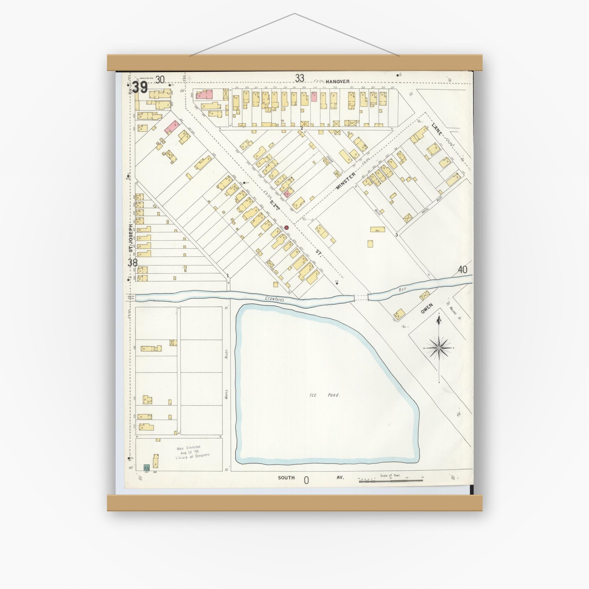 Old map wall art mockup — magnetic wood frame on white wall — Sanborn Fire Insurance Map from Hamilton, Butler County, Ohio (1899), Sheet #0039