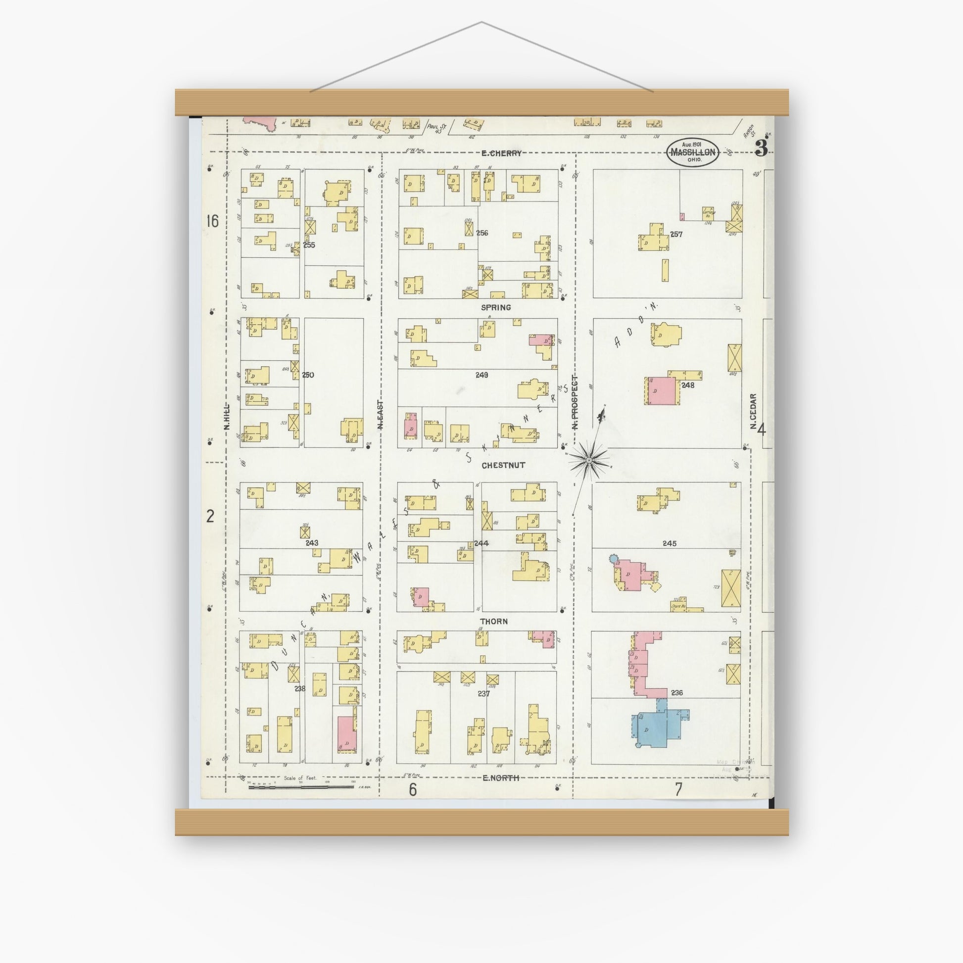 Old map wall art mockup — magnetic wood frame on white wall — Sanborn Fire Insurance Map from Massillon, Stark County, Ohio (1901), Sheet #0003