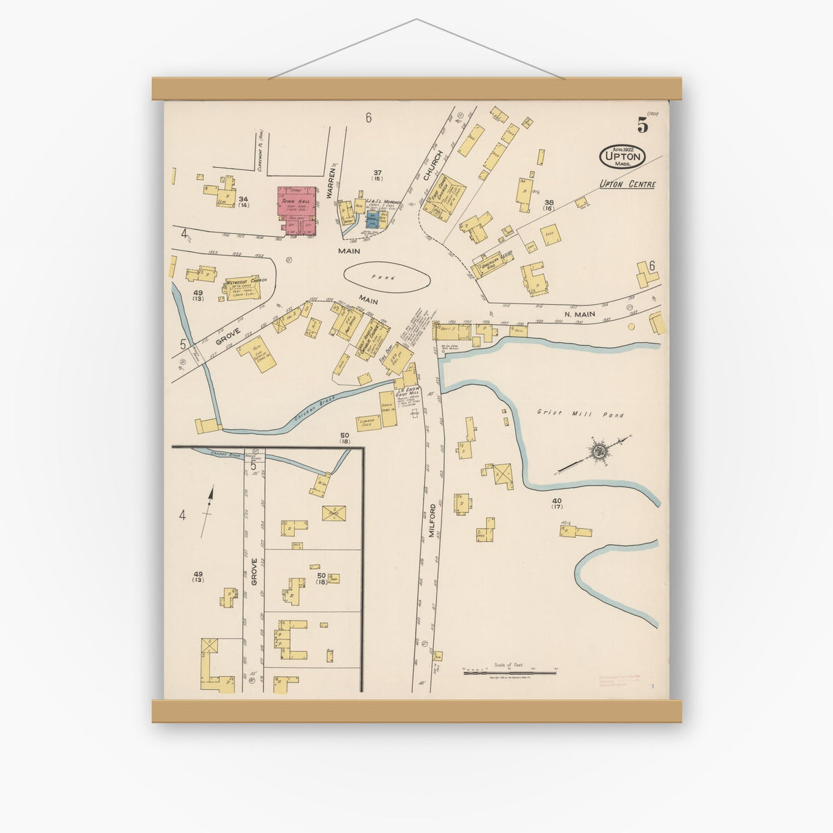 Old map wall art mockup — magnetic wood frame on white wall — Sanborn Fire Insurance Map from Upton, Worcester County, Massachusetts (1922), Sheet #0005