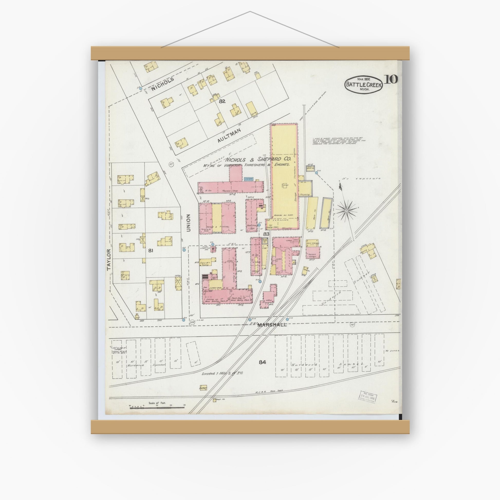 Old map wall art mockup — magnetic wood frame on white wall — Sanborn Fire Insurance Map from Battle Creek, Calhoun County, Michigan (1892), Sheet #0010
