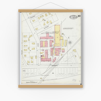 Old map wall art mockup — magnetic wood frame on white wall — Sanborn Fire Insurance Map from Battle Creek, Calhoun County, Michigan (1892), Sheet #0010