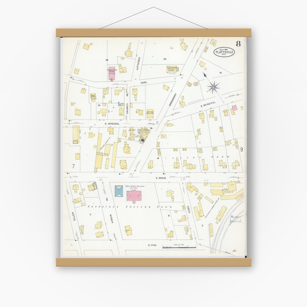 Old map wall art mockup — magnetic wood frame on white wall — Sanborn Fire Insurance Map from Platteville, Grant County, Wisconsin (1908), Sheet #0008