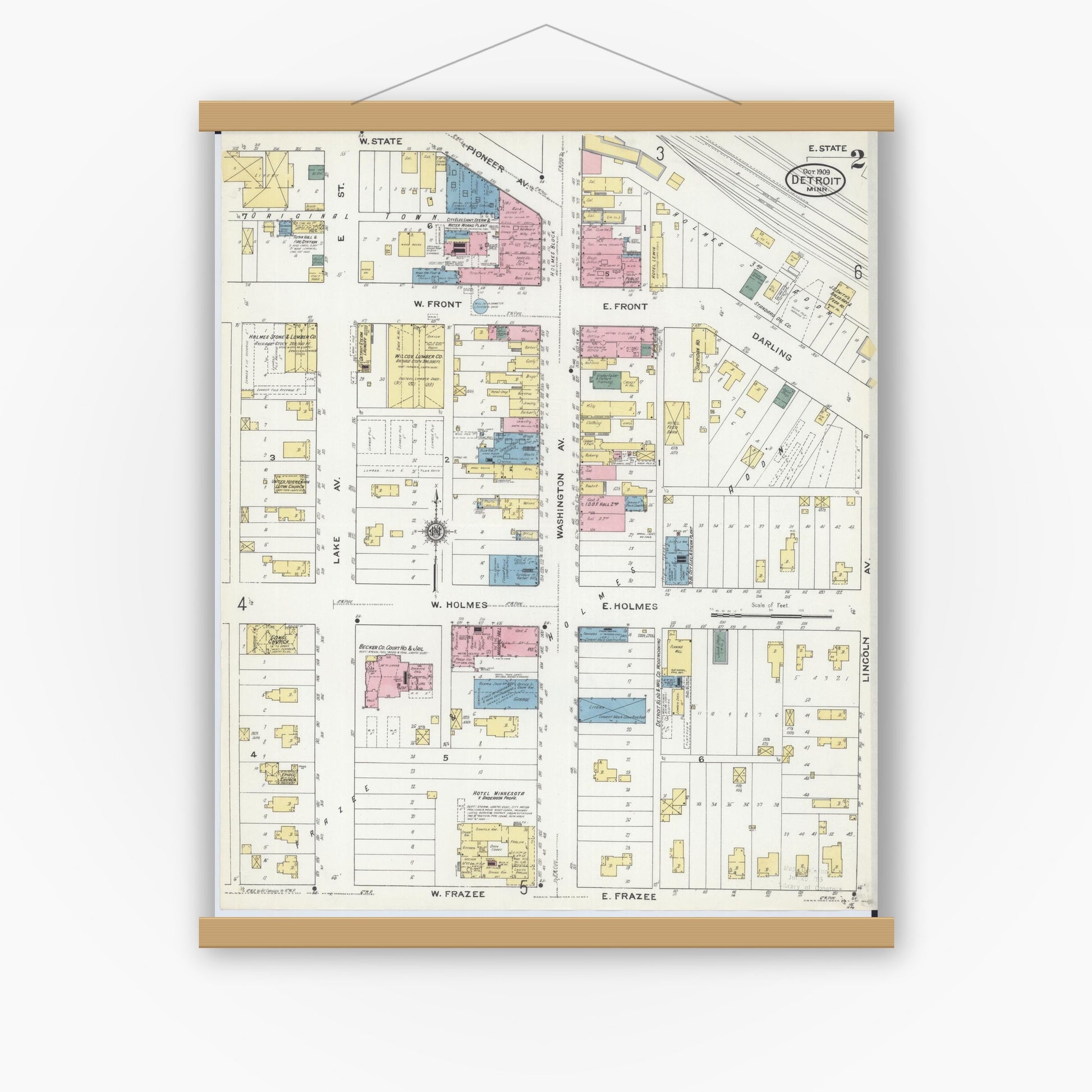 Old map wall art mockup — magnetic wood frame on white wall — Sanborn Fire Insurance Map from Detroit Lakes, Becker County, Minnesota (1909), Sheet #0002