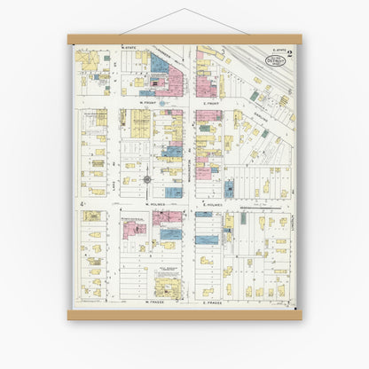 Old map wall art mockup — magnetic wood frame on white wall — Sanborn Fire Insurance Map from Detroit Lakes, Becker County, Minnesota (1909), Sheet #0002