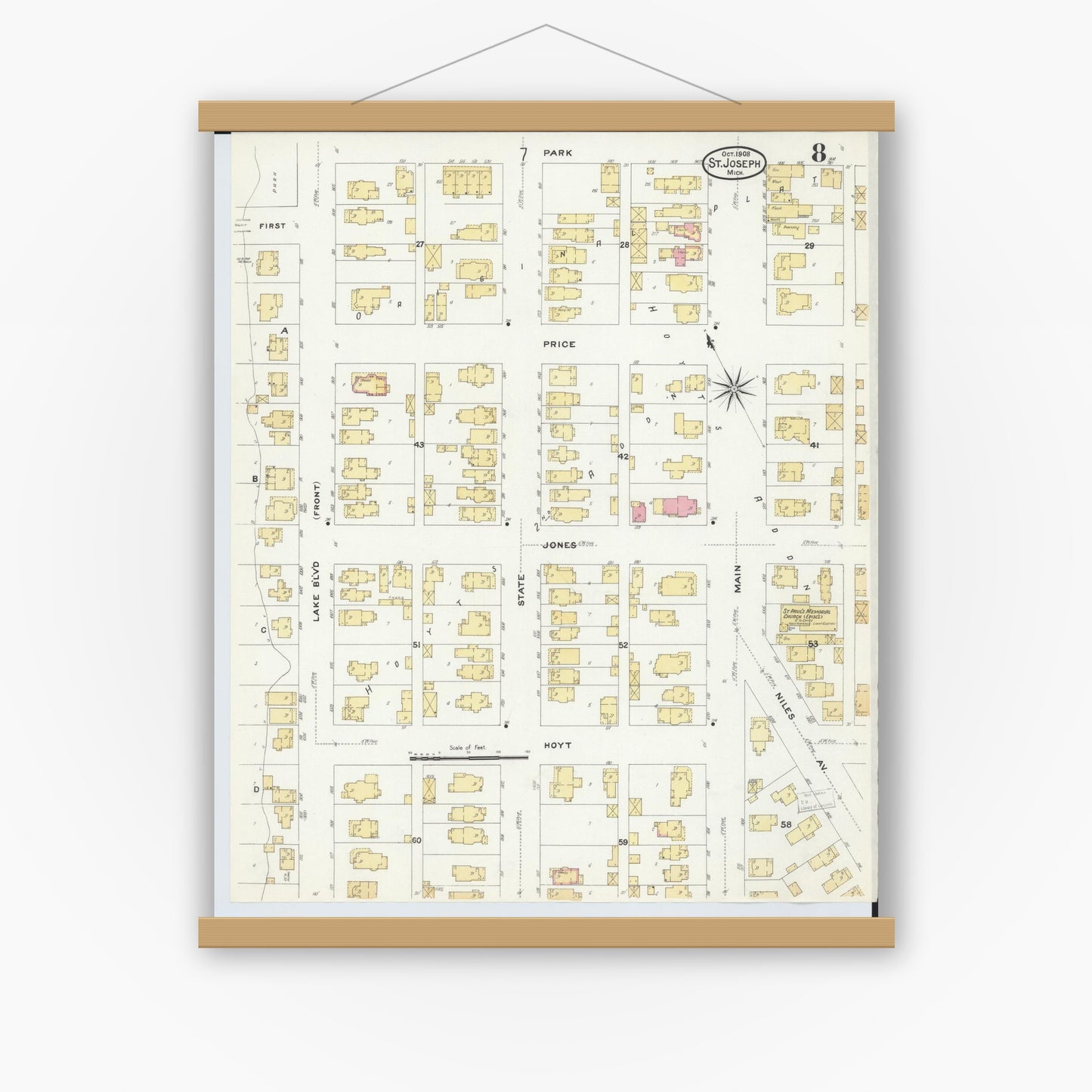Old map wall art mockup — magnetic wood frame on white wall — Sanborn Fire Insurance Map from Saint Joseph, Berrien County, Michigan (1908), Sheet #0008