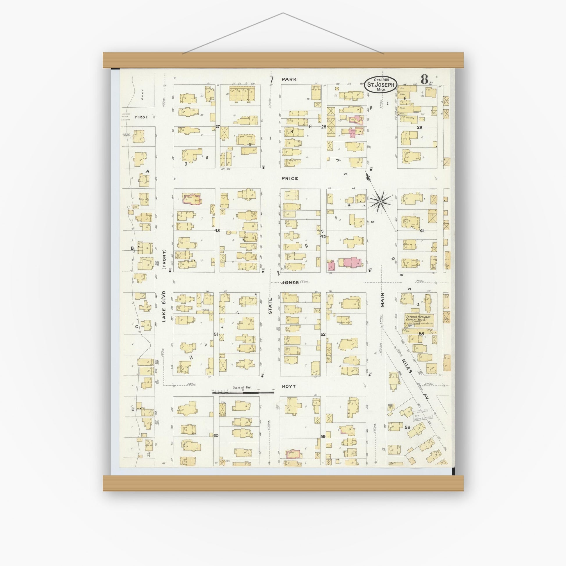 Old map wall art mockup — magnetic wood frame on white wall — Sanborn Fire Insurance Map from Saint Joseph, Berrien County, Michigan (1908), Sheet #0008