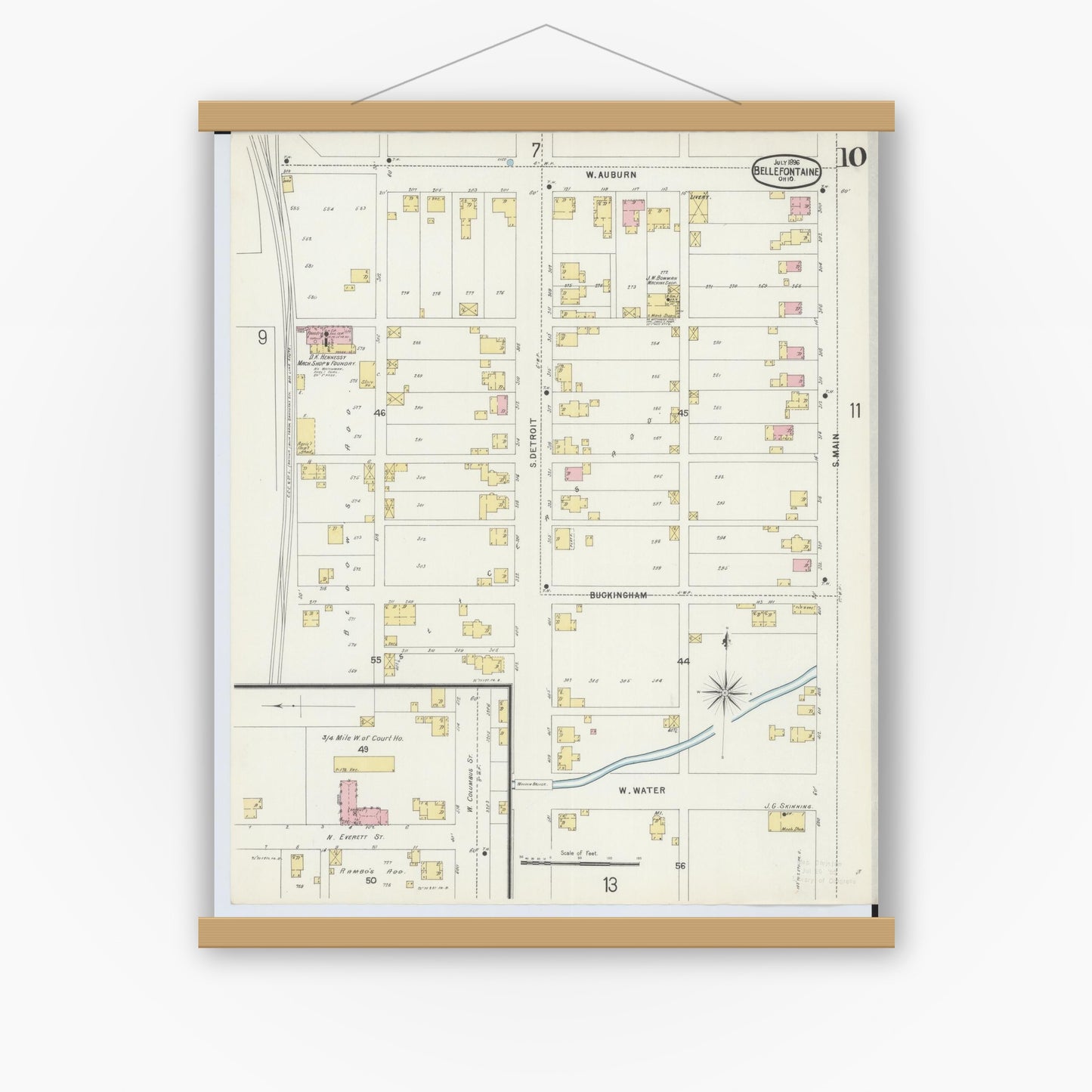 Old map wall art mockup — magnetic wood frame on white wall — Sanborn Fire Insurance Map from Bellefontaine, Logan County, Ohio (1896), Sheet #0010