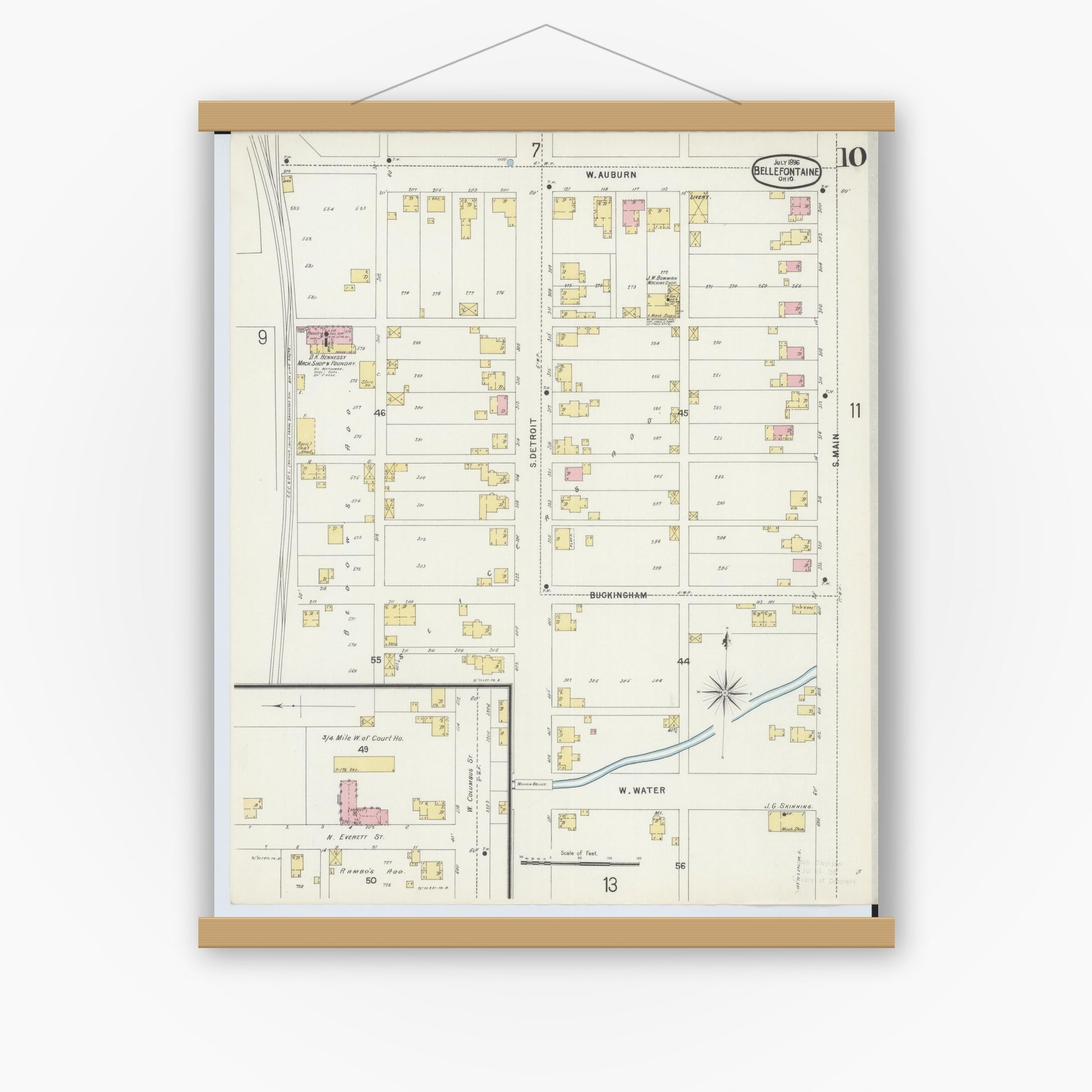 Old map wall art mockup — magnetic wood frame on white wall — Sanborn Fire Insurance Map from Bellefontaine, Logan County, Ohio (1896), Sheet #0010
