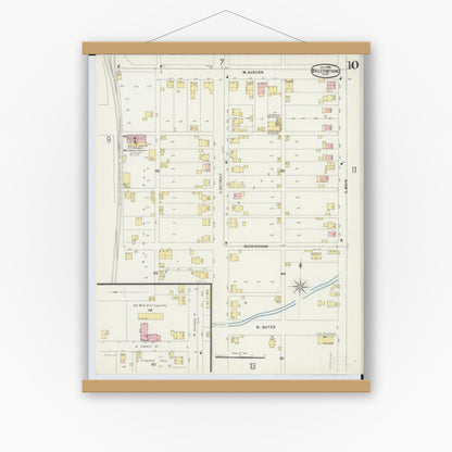 Old map wall art mockup — magnetic wood frame on white wall — Sanborn Fire Insurance Map from Bellefontaine, Logan County, Ohio (1896), Sheet #0010