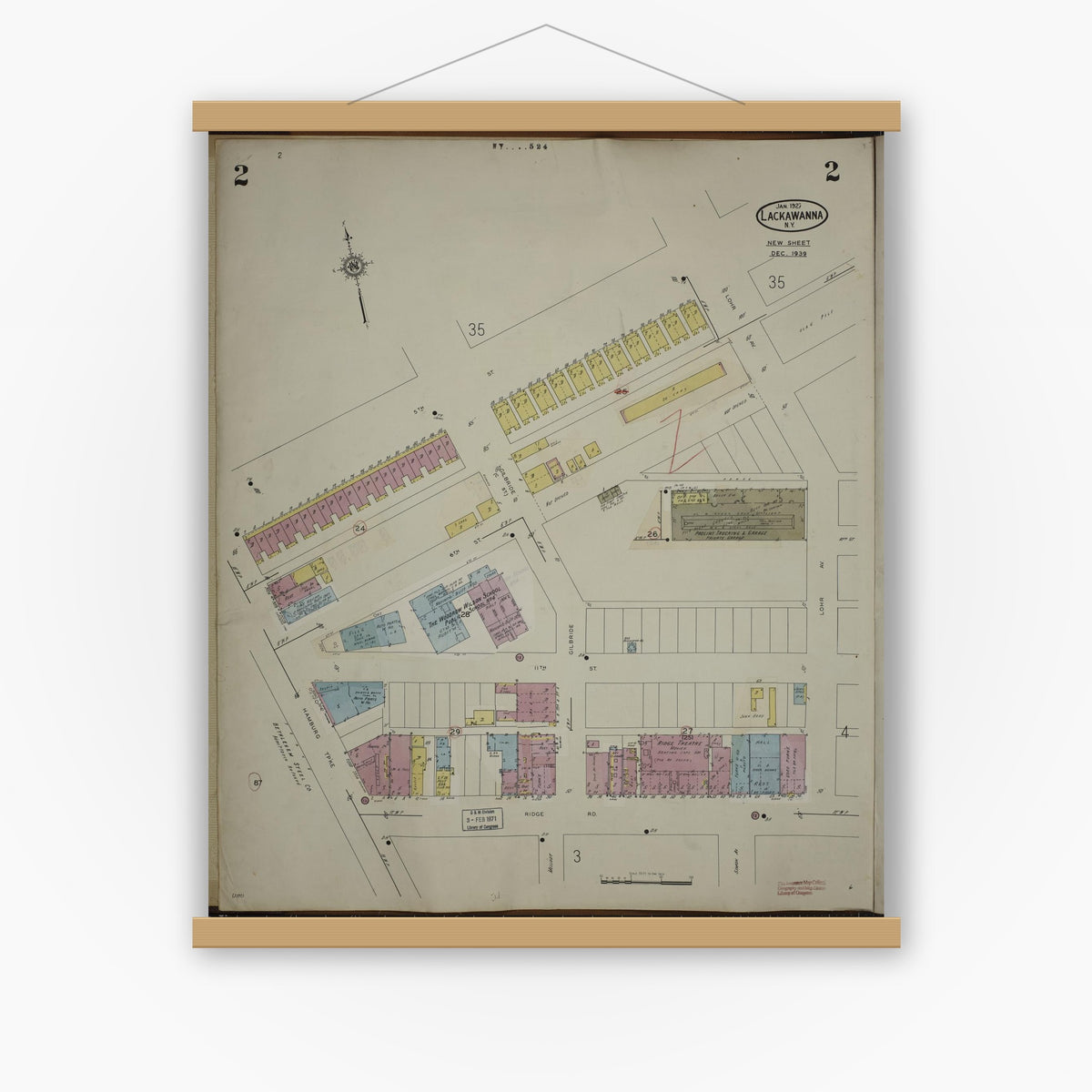 Old map wall art mockup — magnetic wood frame on white wall — Sanborn Fire Insurance Map from Lackawanna, Erie County, New York (1950), Sheet #0002