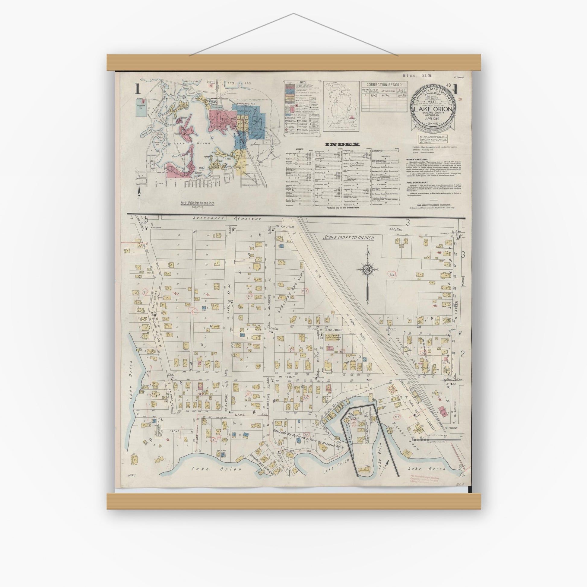 Old map wall art mockup — magnetic wood frame on white wall — Sanborn Fire Insurance Map from Lake Orion, Oakland County, Michigan (1943) - Complete Map Set