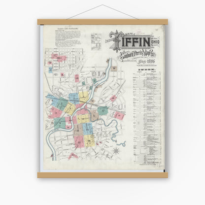 Old map wall art mockup — magnetic wood frame on white wall — Sanborn Fire Insurance Map from Tiffin, Seneca County, Ohio (1896) - Complete Map Set